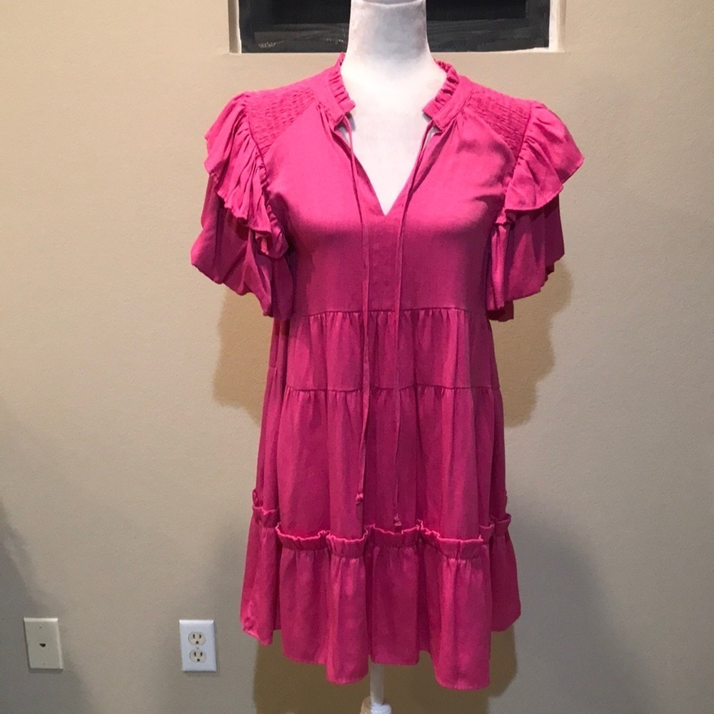 Umgee A-Line Mini Dress w/Ruffle Flutter Sleeves Layered Hem Tie Neck-Size S